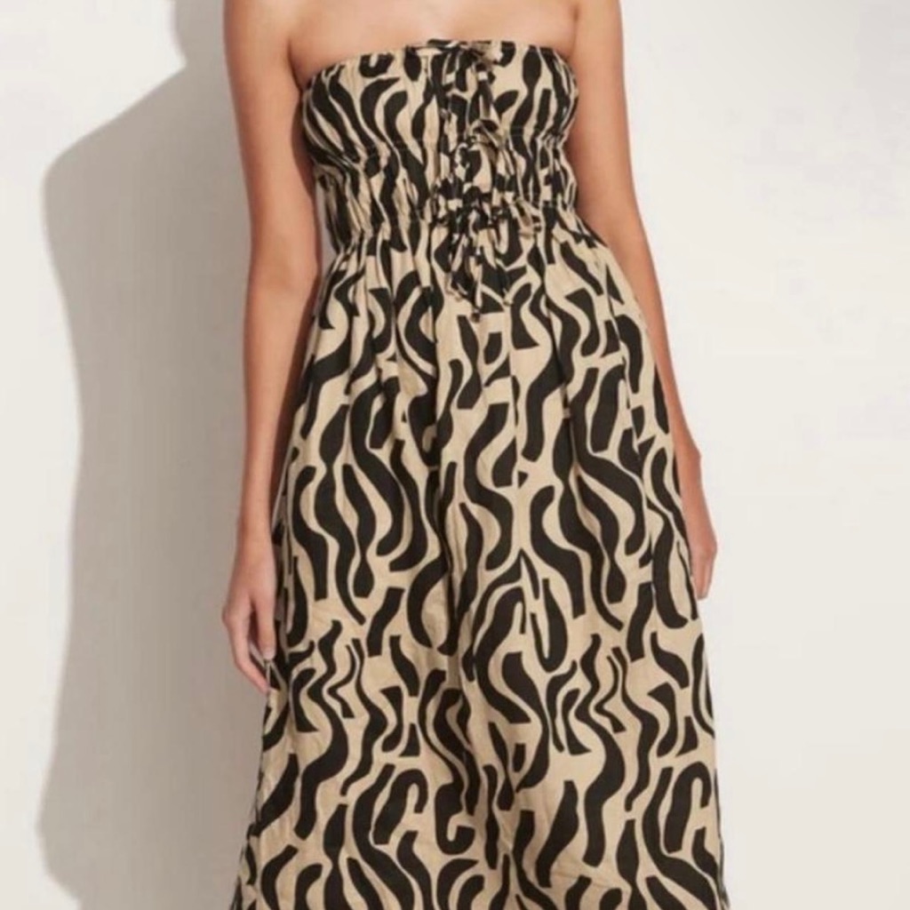 Faithfull The Brand Zebra Print Tan Strapless Dress